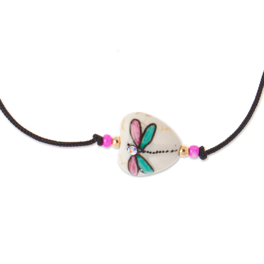 Painted Howlite Dragonfly Pendant Bracelet with Crystal Bead - Sublime Dragonfly