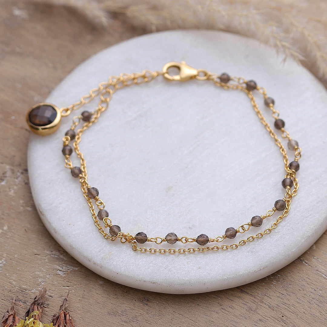 18k Gold-Plated Two-Carat Checkerboard Smoky Quartz Bracelet - My Essence