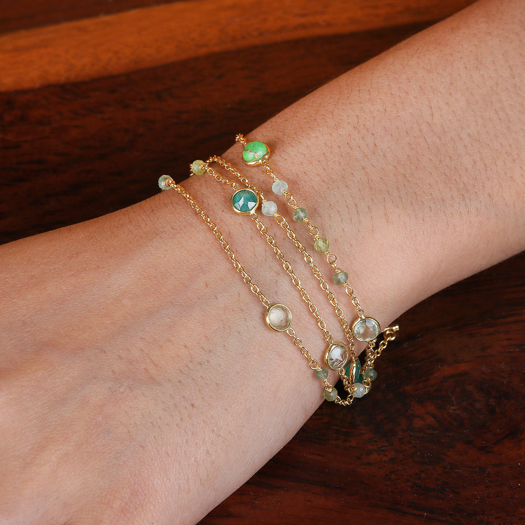 18k Gold-Plated Multi-Gemstone Strand Bracelet from India - Green Symphony