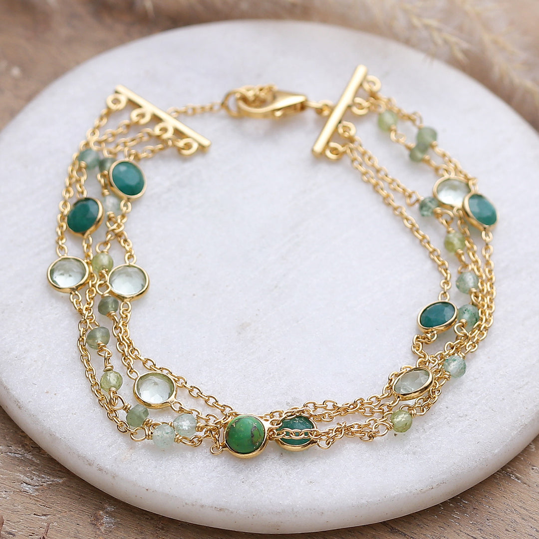 18k Gold-Plated Multi-Gemstone Strand Bracelet from India - Green Symphony