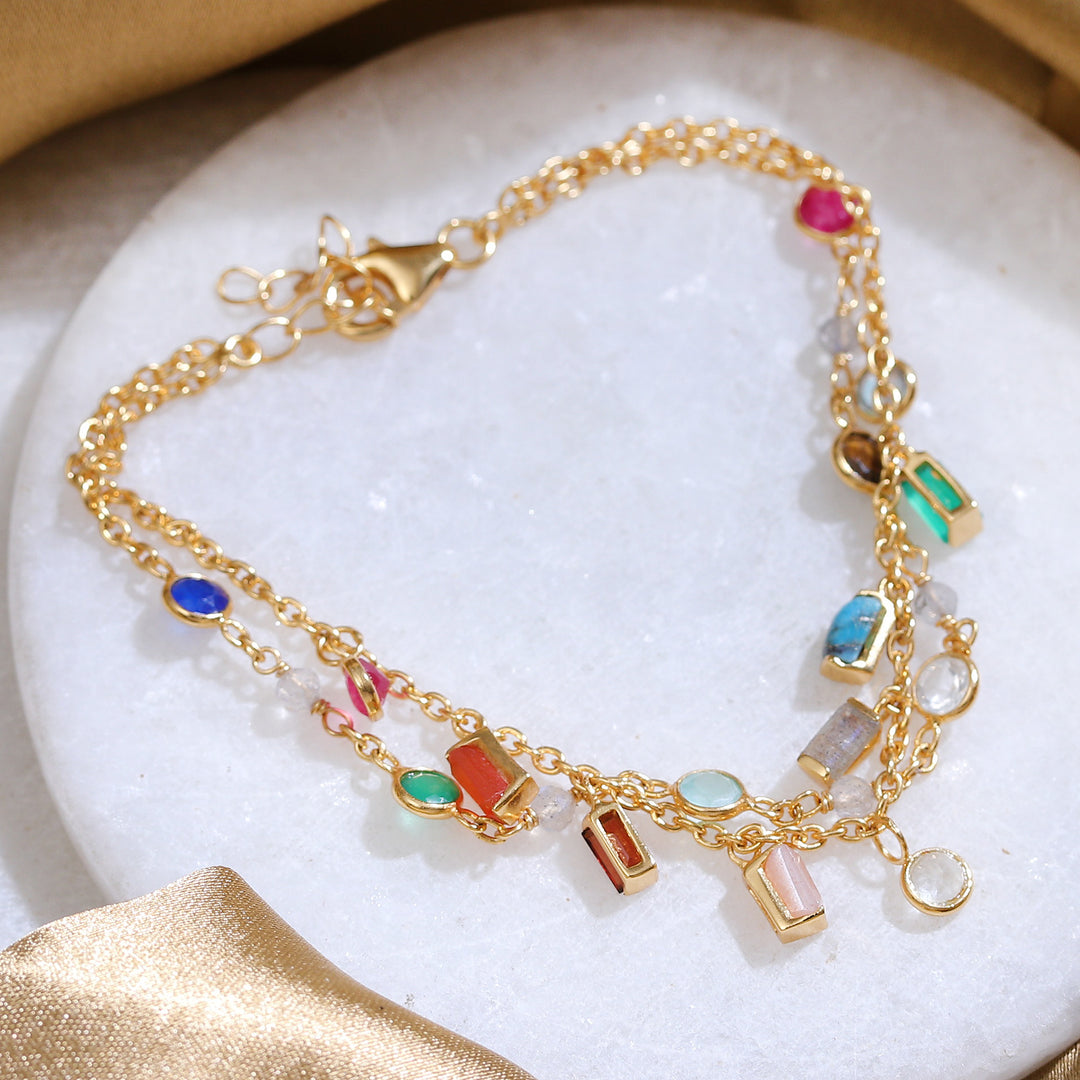 18k Gold-Plated Multi-Gemstone Charm Strand Bracelet - Golden Spells