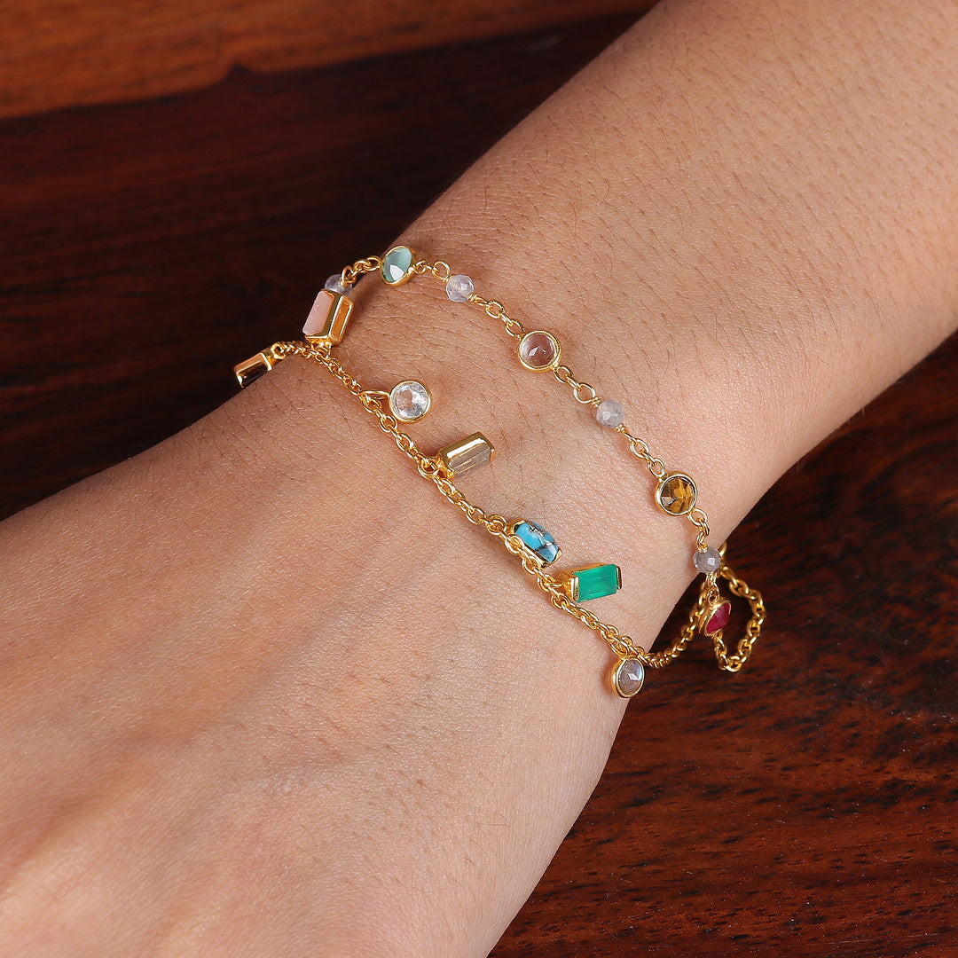 18k Gold-Plated Multi-Gemstone Charm Strand Bracelet - Golden Spells
