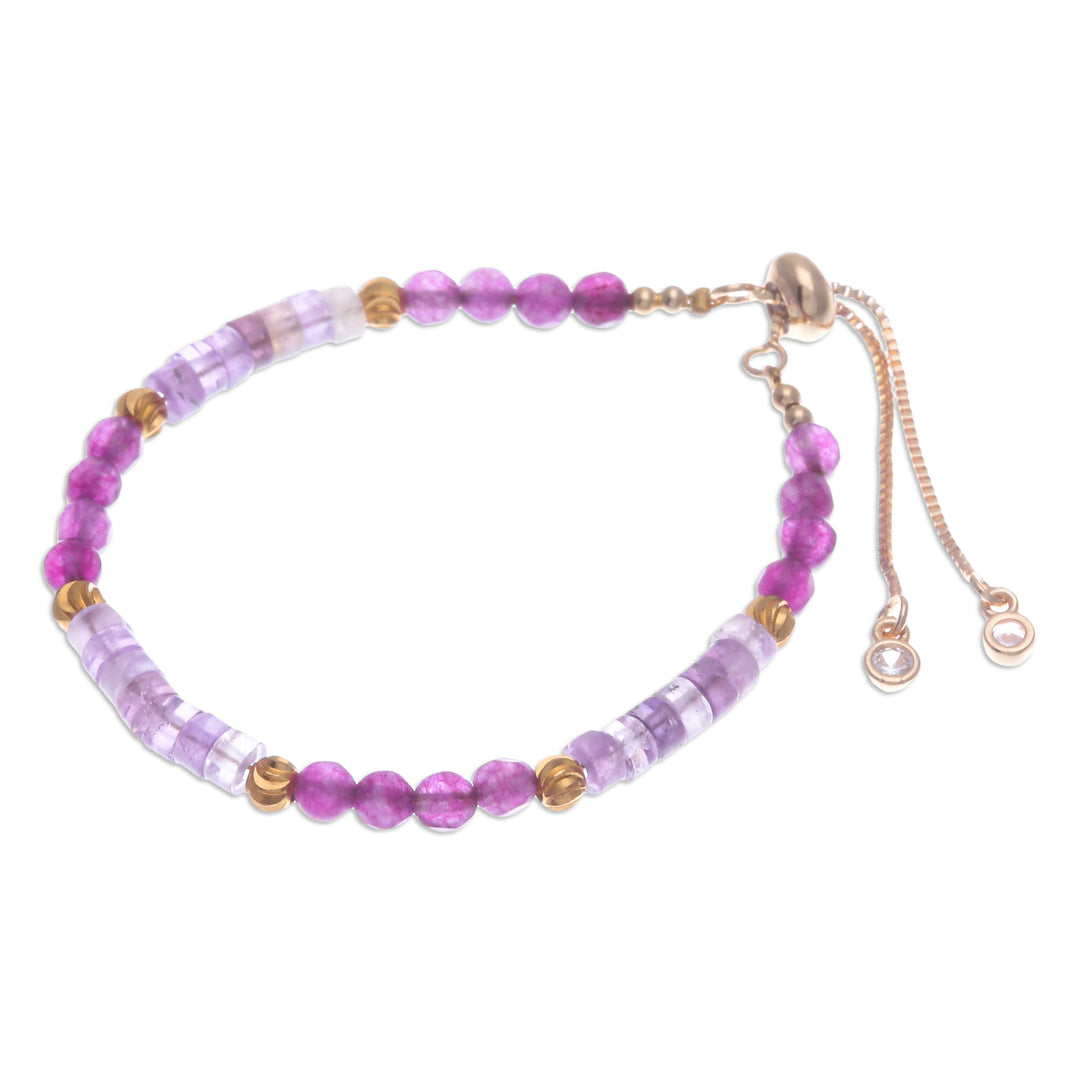 Amethyst and Quartz Beaded Adjustable Wristband Bracelet - Precious Flair