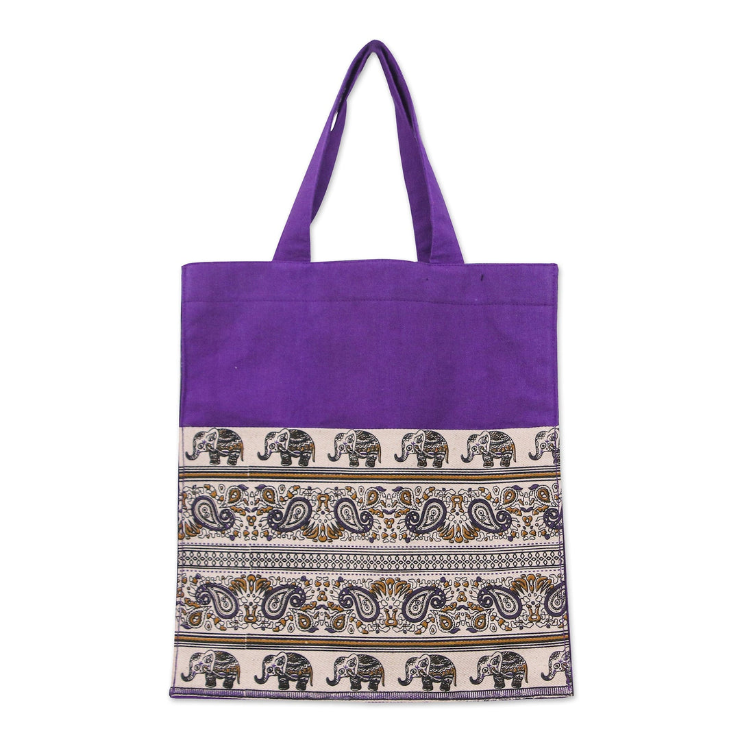 Elephant and Paisley Printed Cotton Tote Bag in Purple - Purple Day