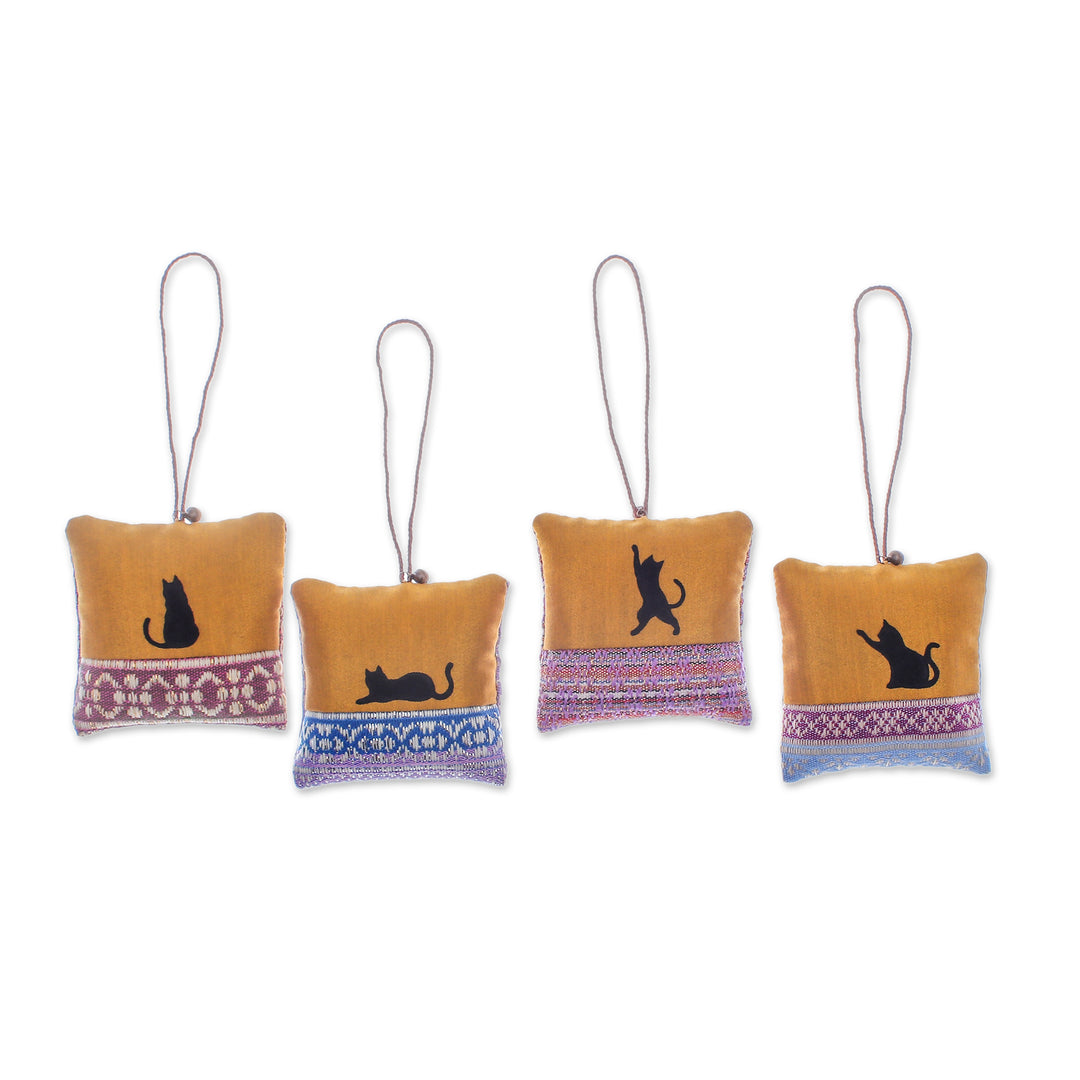 Set of 4 Cat-Themed Cotton Ornaments with Aluminum Bells - Feline Cushions