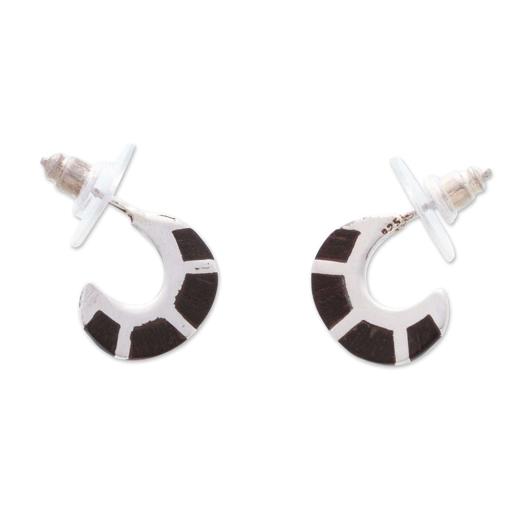 Wood-Accented Sterling Silver Half-Hoop Earrings from Mexico - Dapper Caress