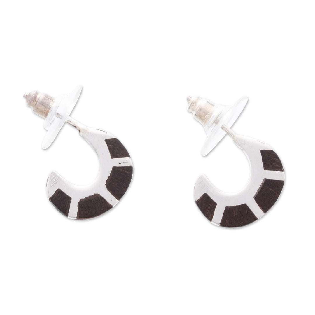 Wood-Accented Sterling Silver Half-Hoop Earrings from Mexico - Dapper Caress