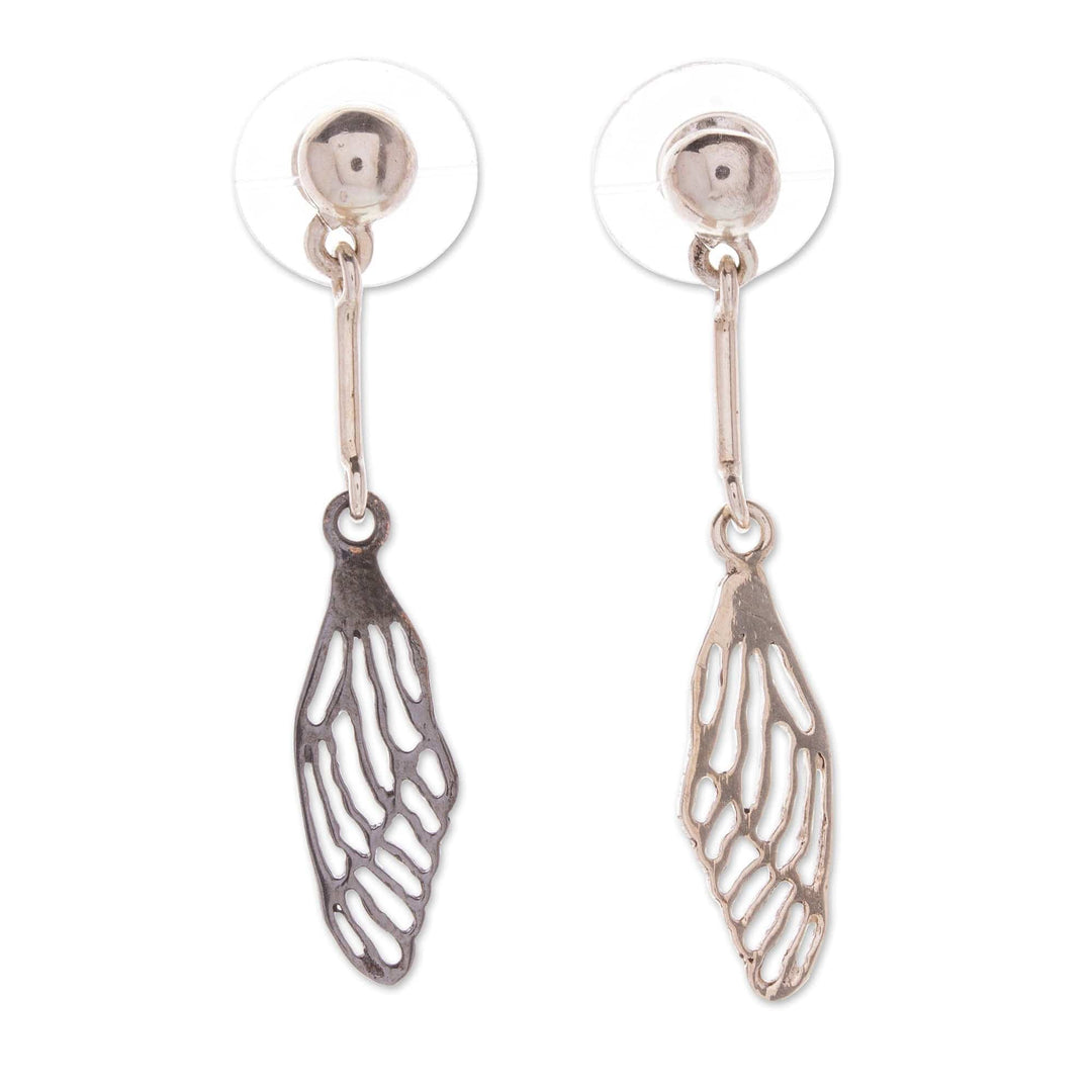 Polished and Oxidized Sterling Silver Wing Dangle Earrings - Fluttering Sides