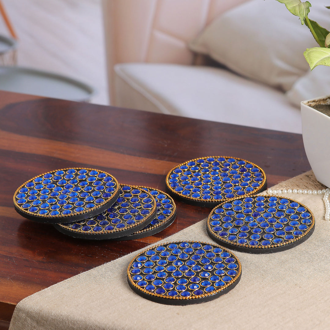 Set of 6 Blue Beaded Wood and Resin Coasters from India - Royal Glitz