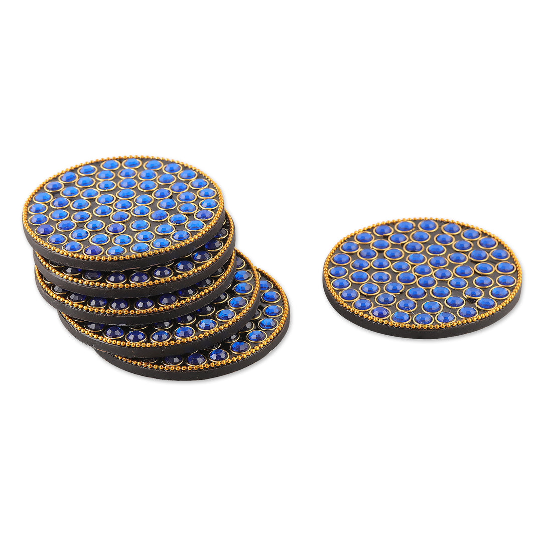 Set of 6 Blue Beaded Wood and Resin Coasters from India - Royal Glitz