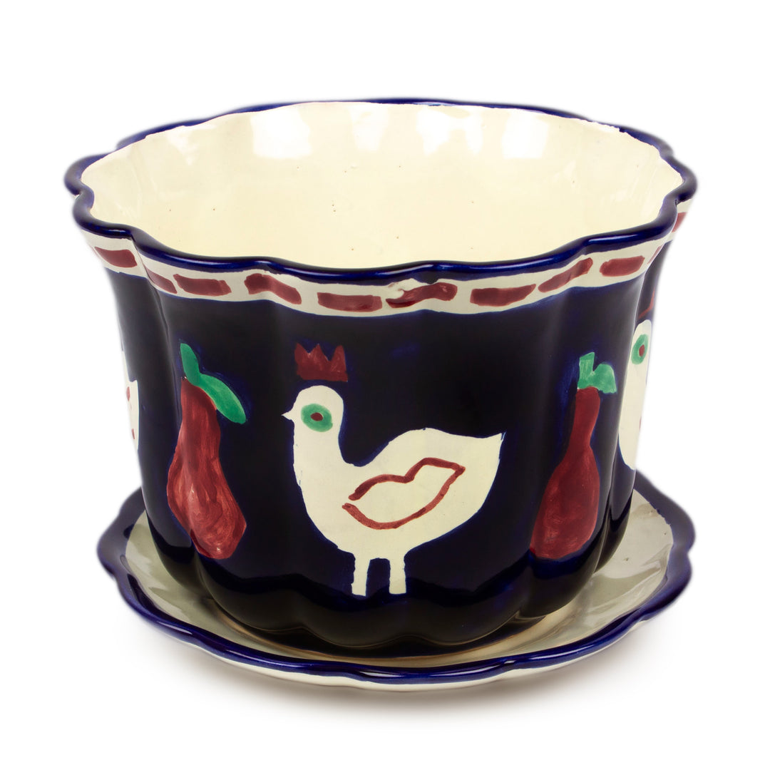 Dove and Fruit-Themed Blue Ceramic Flower Pot and Saucer - Dreamy Doves