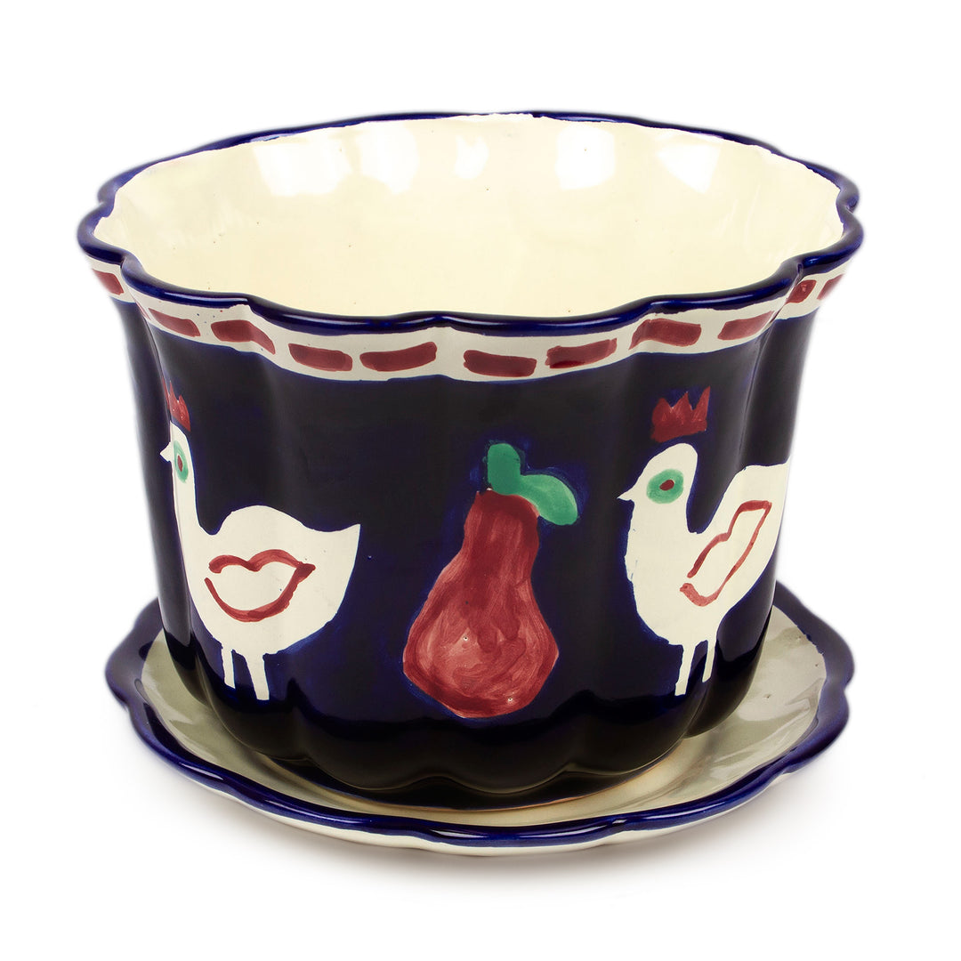 Dove and Fruit-Themed Blue Ceramic Flower Pot and Saucer - Dreamy Doves