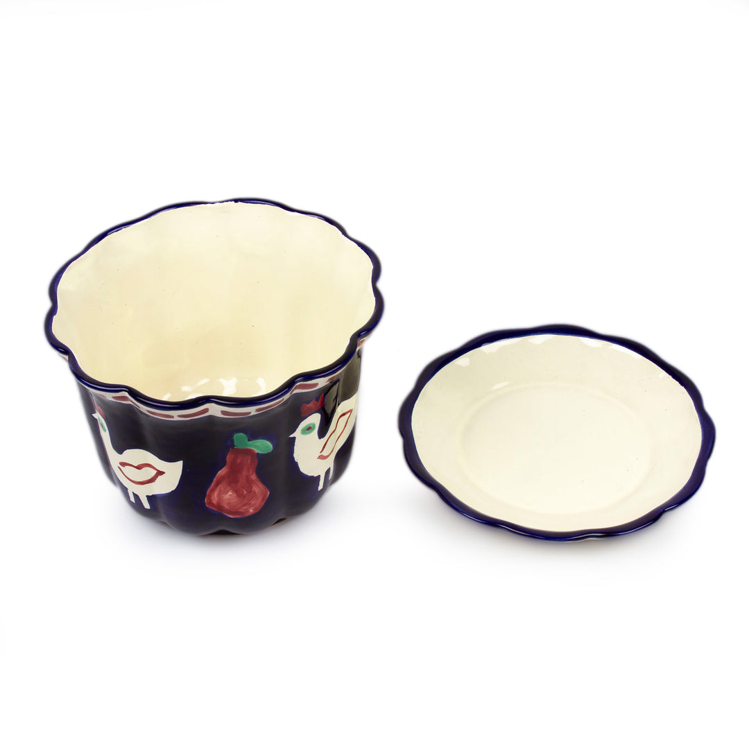 Dove and Fruit-Themed Blue Ceramic Flower Pot and Saucer - Dreamy Doves
