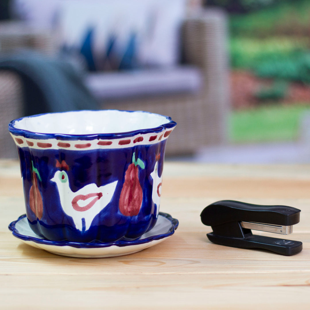 Dove and Fruit-Themed Blue Ceramic Flower Pot and Saucer - Dreamy Doves