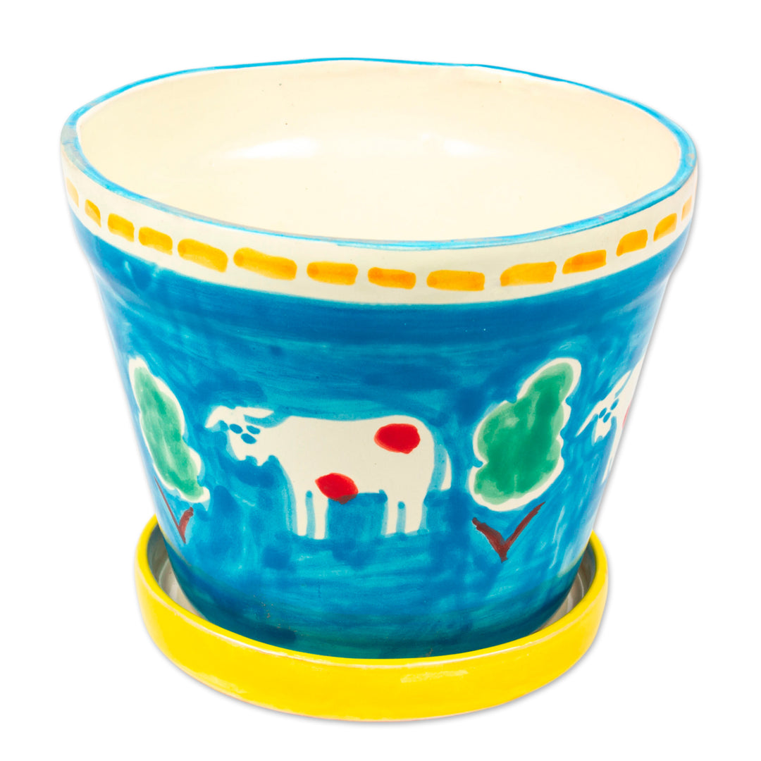 Painted Cow and Tree Blue Ceramic Flower Pot and Saucer - Serene Cows