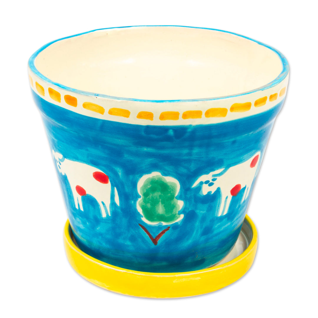 Painted Cow and Tree Blue Ceramic Flower Pot and Saucer - Serene Cows
