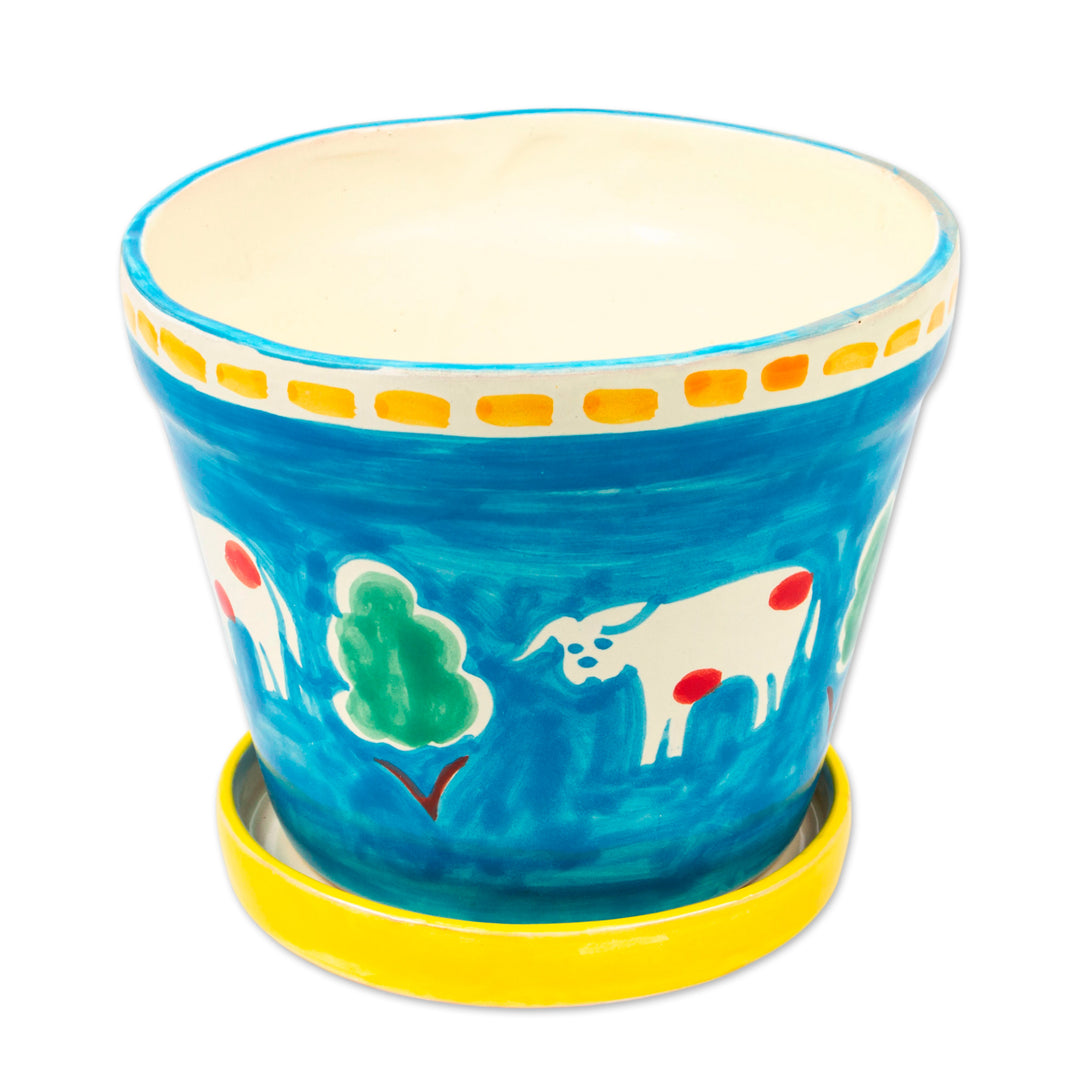 Painted Cow and Tree Blue Ceramic Flower Pot and Saucer - Serene Cows