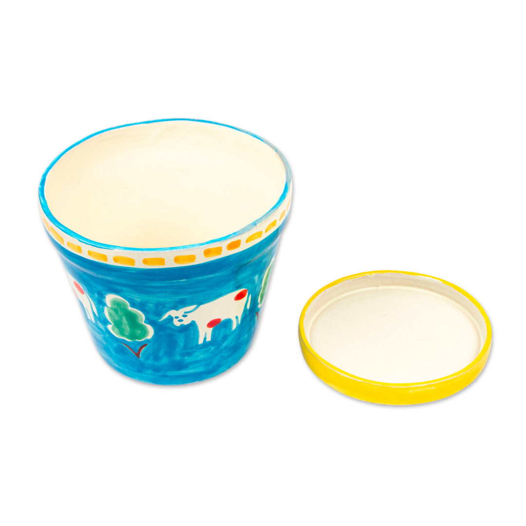 Painted Cow and Tree Blue Ceramic Flower Pot and Saucer - Serene Cows