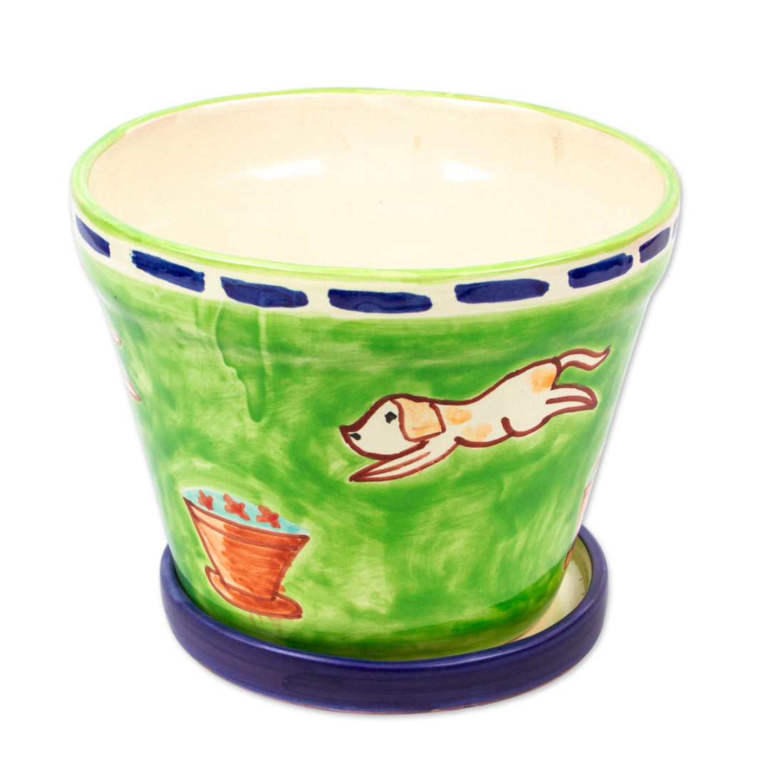 Handmade Whimsical Dog-Themed Ceramic Flower Pot and Saucer - Merry Dogs
