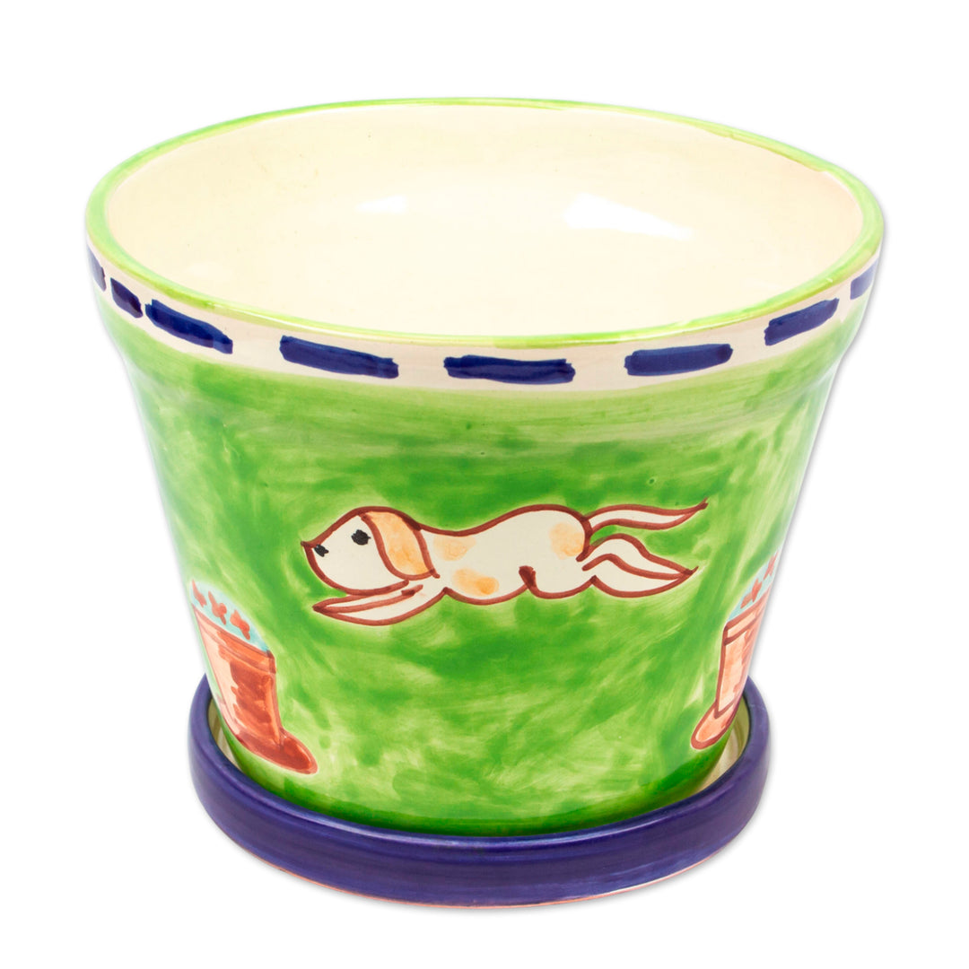Handmade Whimsical Dog-Themed Ceramic Flower Pot and Saucer - Merry Dogs