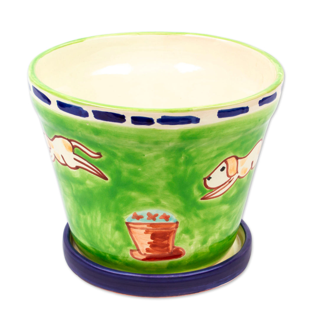 Handmade Whimsical Dog-Themed Ceramic Flower Pot and Saucer - Merry Dogs