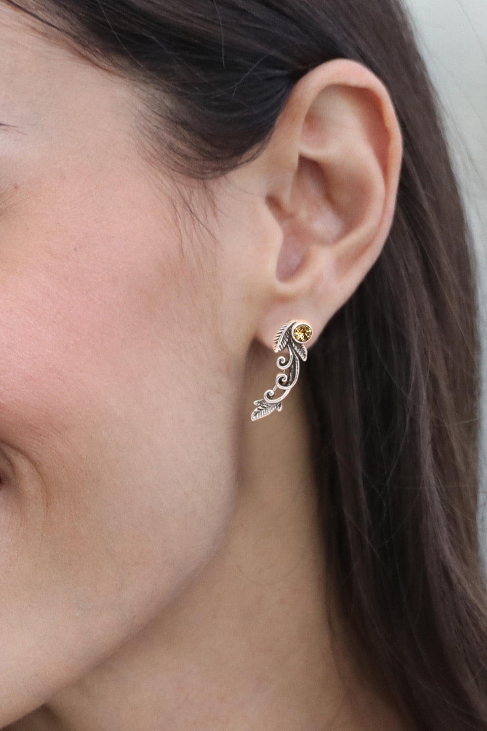 Leafy Sterling Silver and Citrine Ear Climbers from Bali - Merriest Leaf