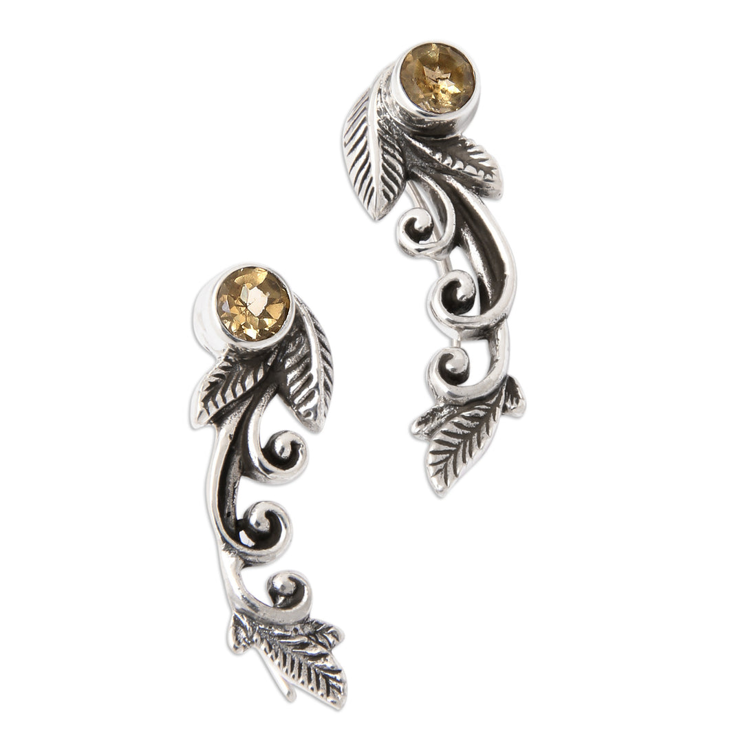 Leafy Sterling Silver and Citrine Ear Climbers from Bali - Merriest Leaf