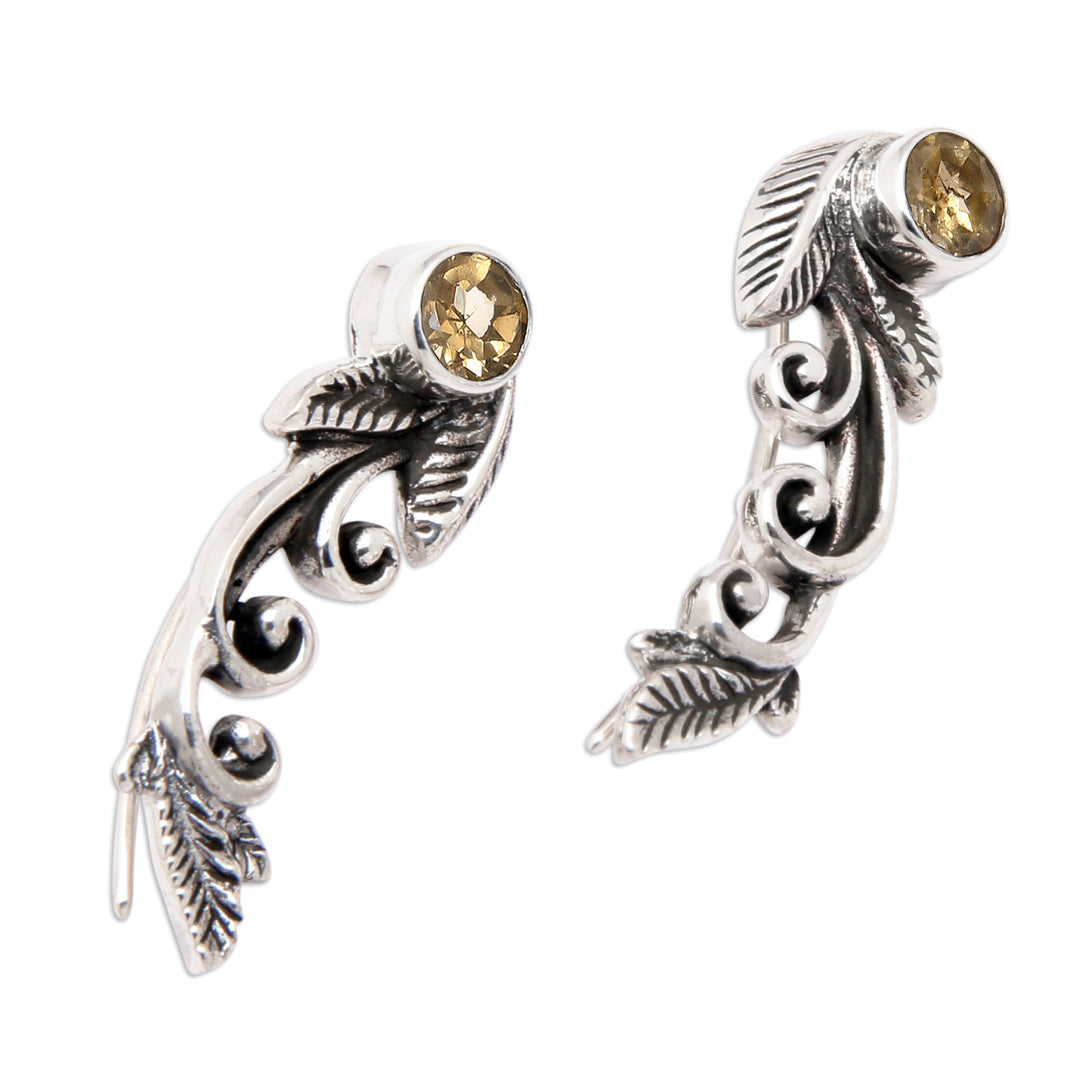 Leafy Sterling Silver and Citrine Ear Climbers from Bali - Merriest Leaf