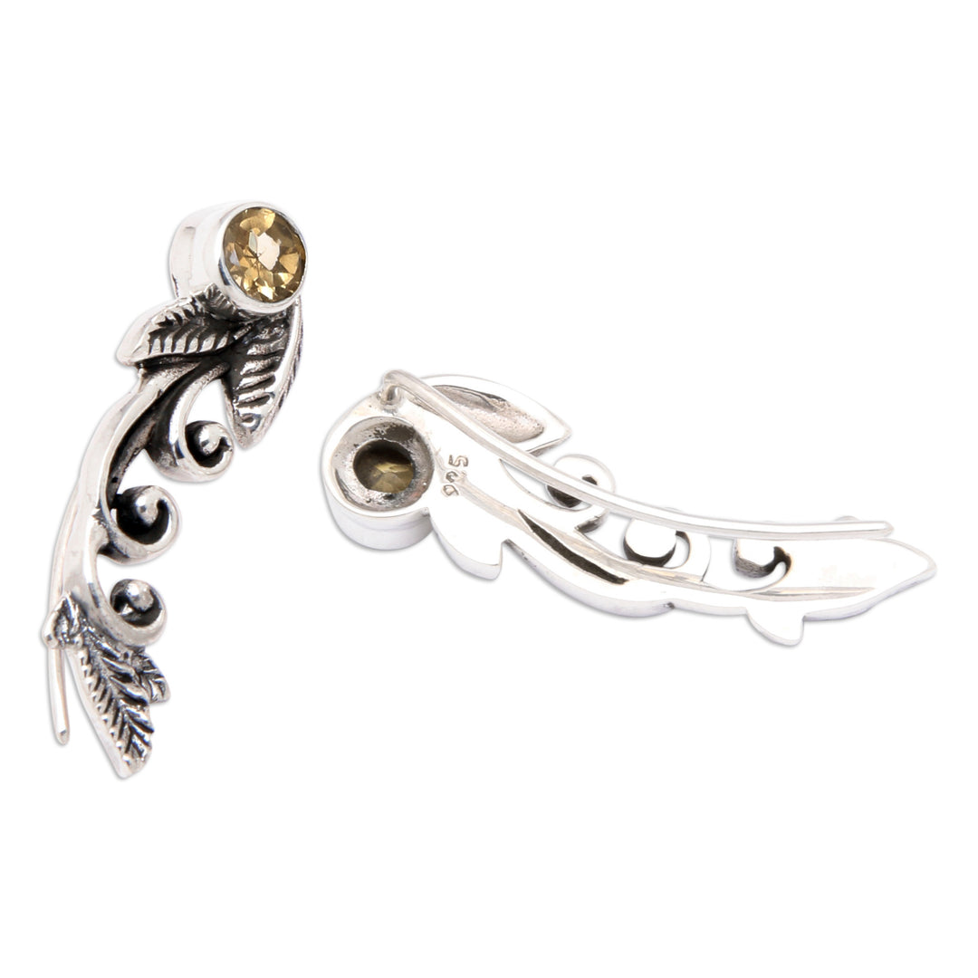 Leafy Sterling Silver and Citrine Ear Climbers from Bali - Merriest Leaf