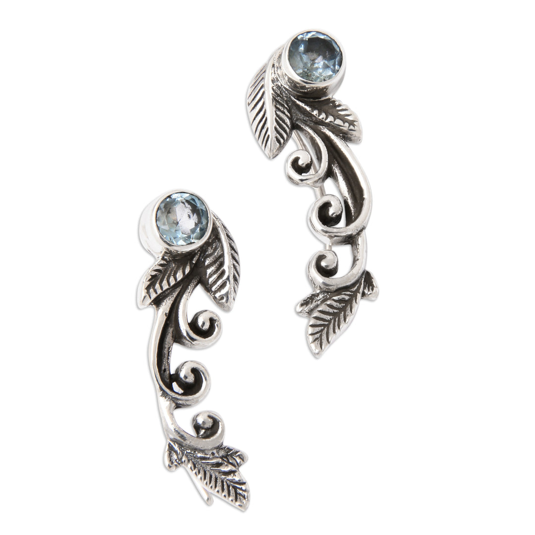 Leafy Sterling Silver and Blue Topaz Ear Climbers from Bali - Finest Leaf