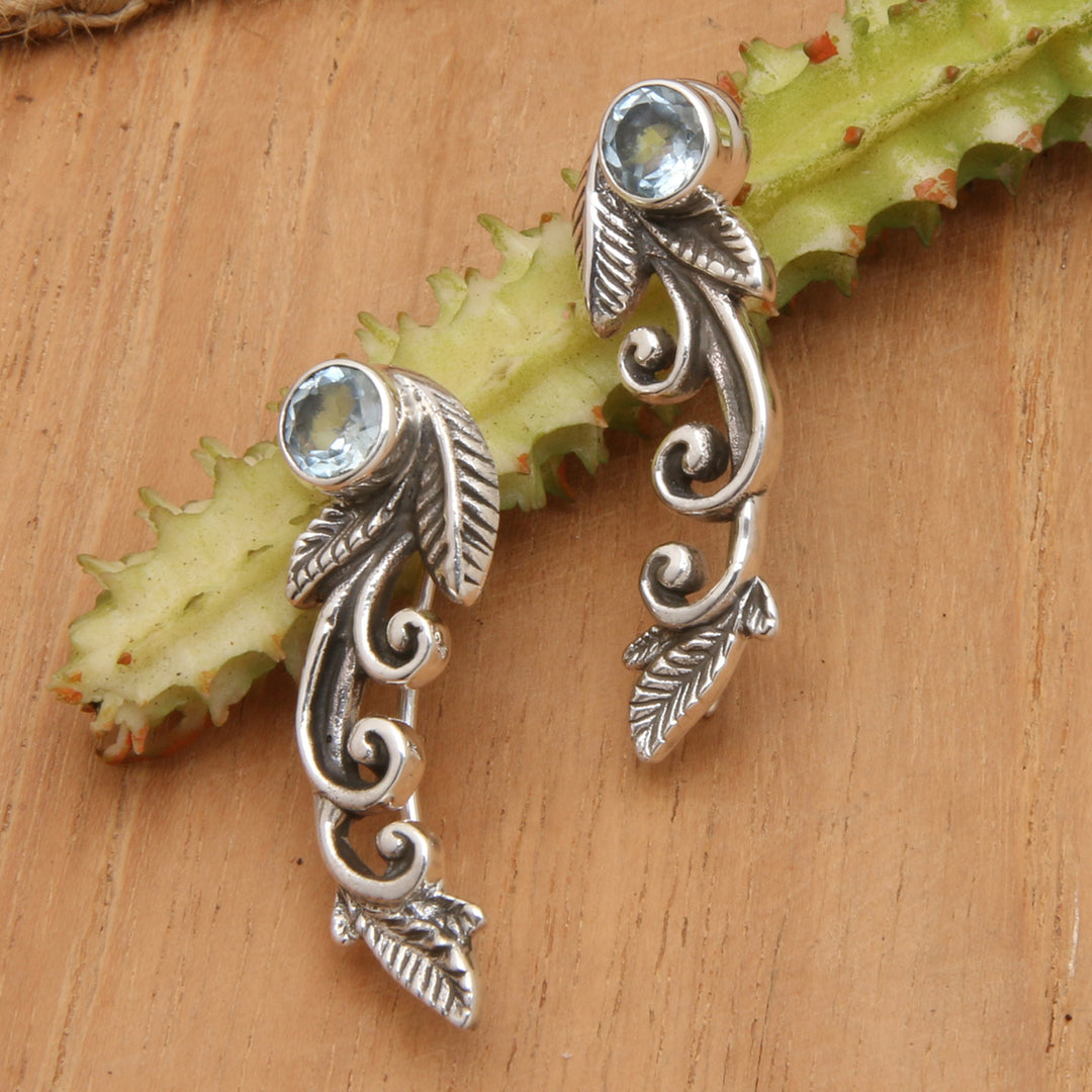 Leafy Sterling Silver and Blue Topaz Ear Climbers from Bali - Finest Leaf