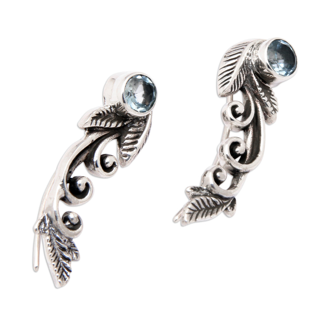 Leafy Sterling Silver and Blue Topaz Ear Climbers from Bali - Finest Leaf