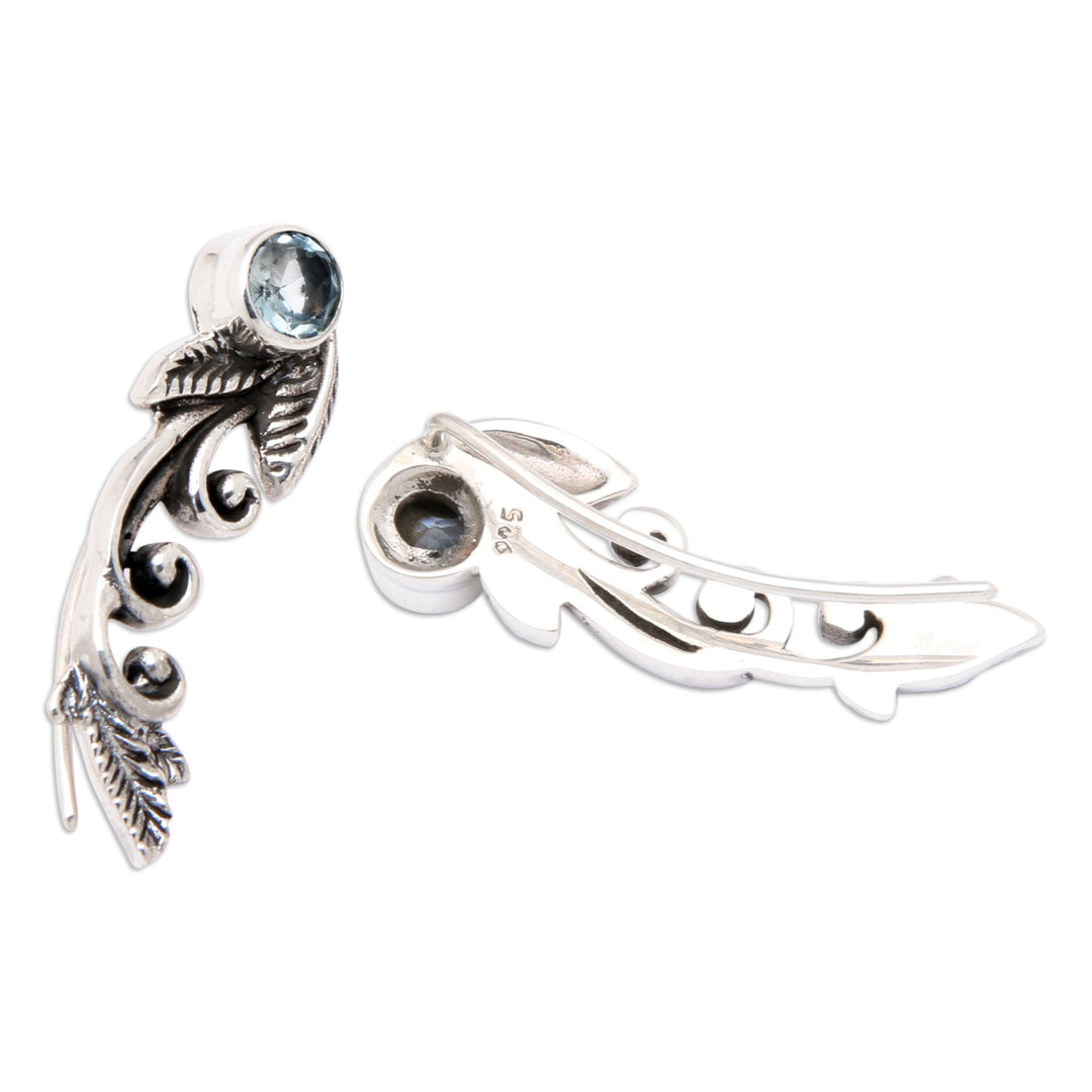 Leafy Sterling Silver and Blue Topaz Ear Climbers from Bali - Finest Leaf