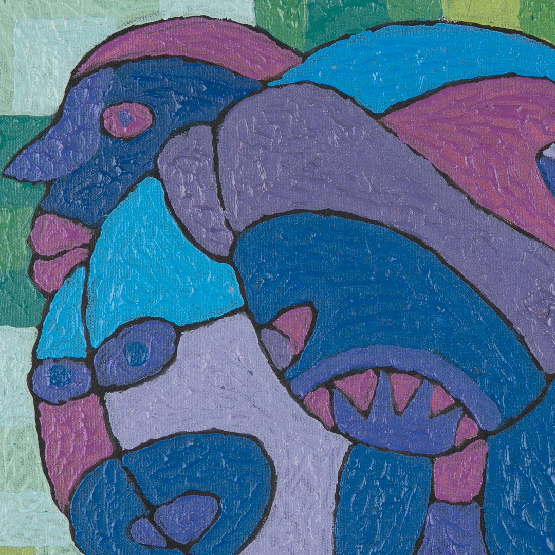 Folk Art Acrylic on Canvas Painting in Blue and Green Hues - Best Friendship