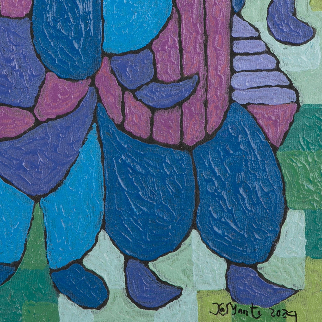 Folk Art Acrylic on Canvas Painting in Blue and Green Hues - Best Friendship
