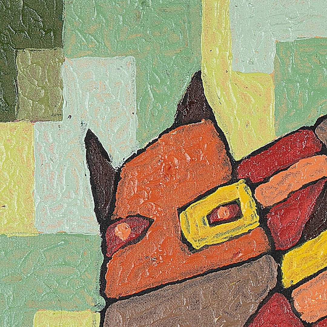 Geometric Acrylic on Canvas Painting in Brown and Green Hues - Mask of Human