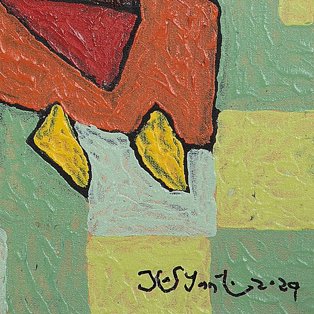 Geometric Acrylic on Canvas Painting in Brown and Green Hues - Mask of Human