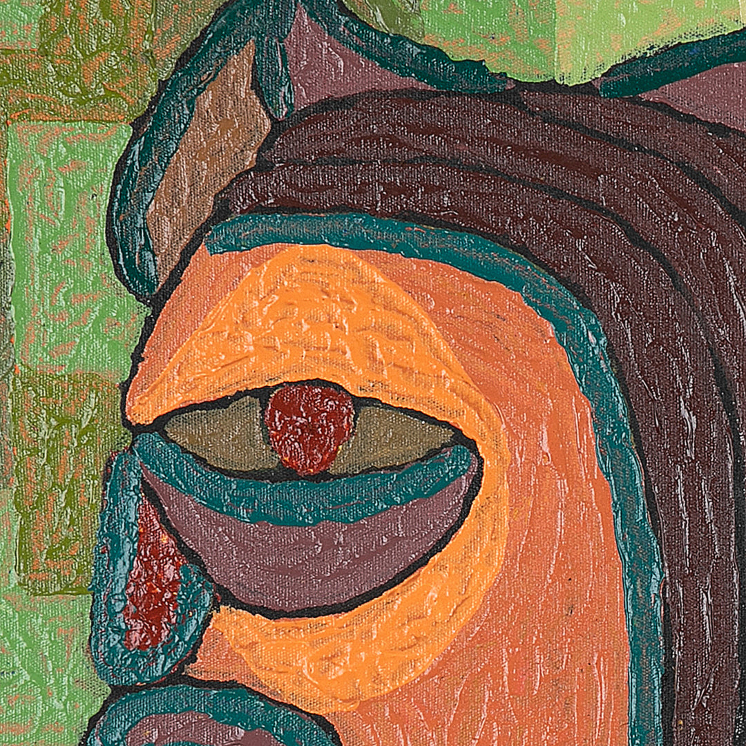 Signed Folk Art Green and Brown Acrylic Painting from Bali - Shape of Deformasi V