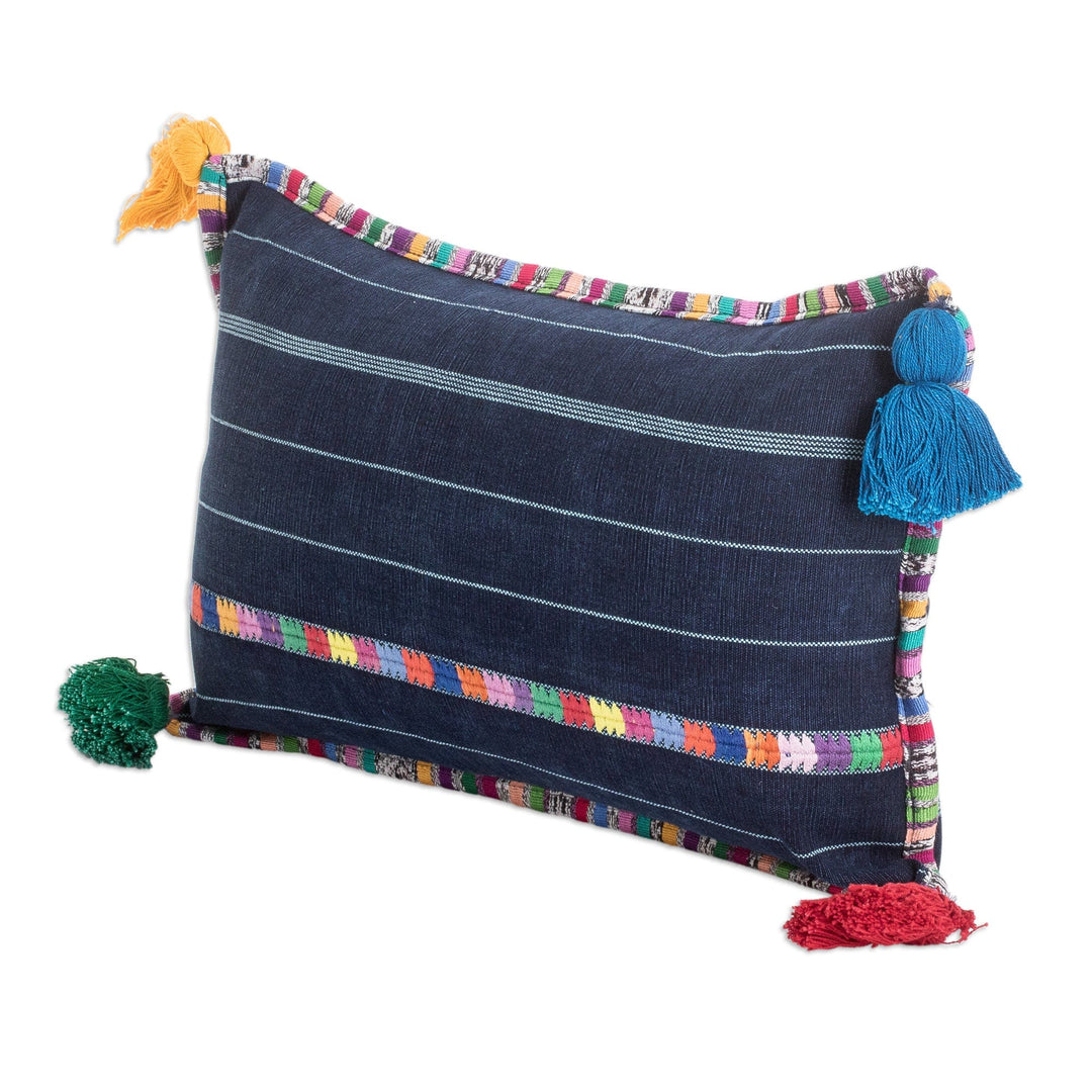 Handwoven Rectangular Blue Cotton Cushion Cover with Tassels - Everlasting Spring