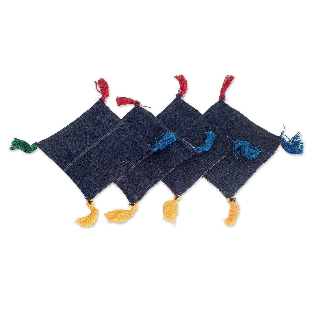 Set of Four Handwoven Cotton Coasters with Colorful Tassels - Trendy Traditions
