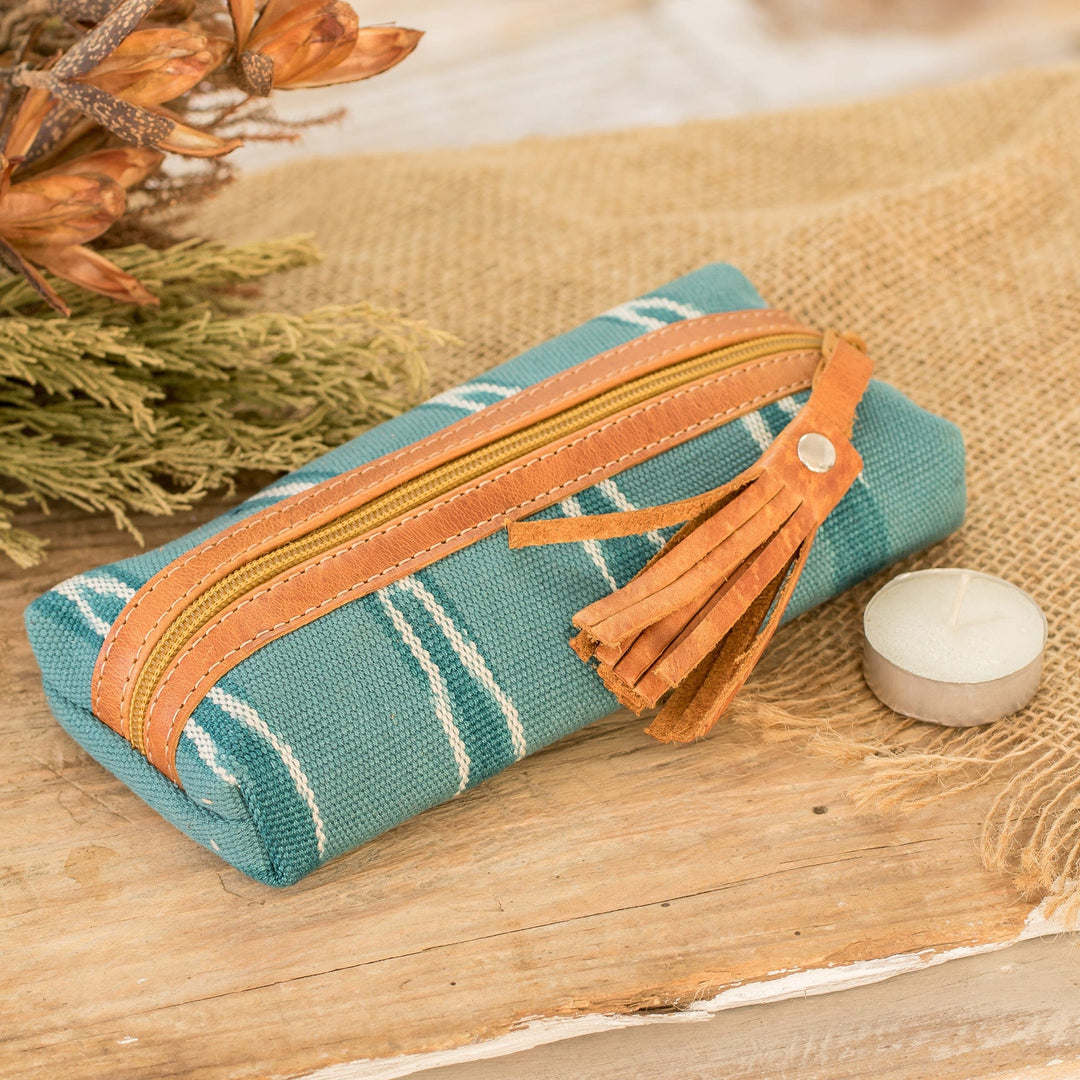 Leather-Accented Patterned Turquoise Cotton Pencil Case - Lagoon Experience