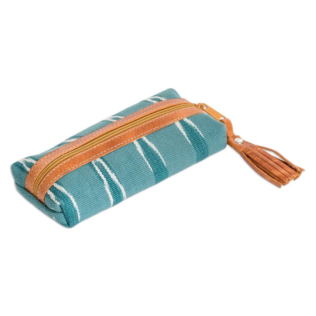 Leather-Accented Patterned Turquoise Cotton Pencil Case - Lagoon Experience