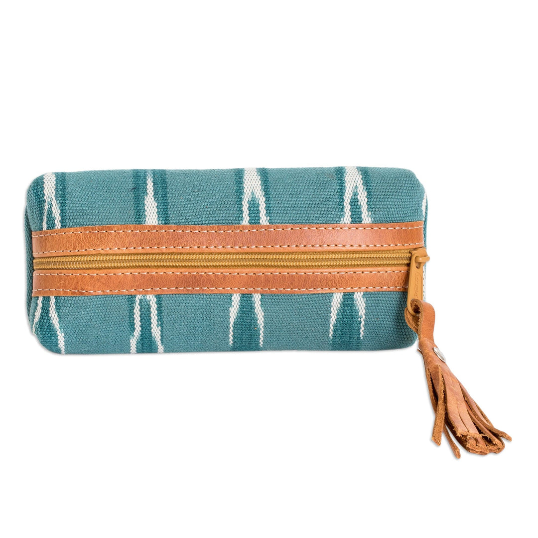 Leather-Accented Patterned Turquoise Cotton Pencil Case - Lagoon Experience