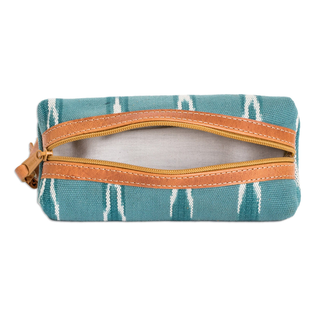 Leather-Accented Patterned Turquoise Cotton Pencil Case - Lagoon Experience