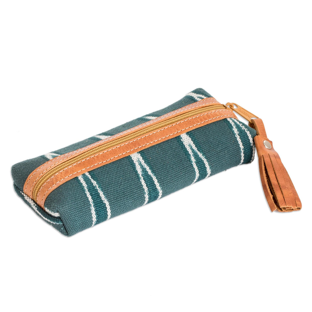 Leather-Accented Patterned Dark Teal Cotton Pencil Case - River Experience