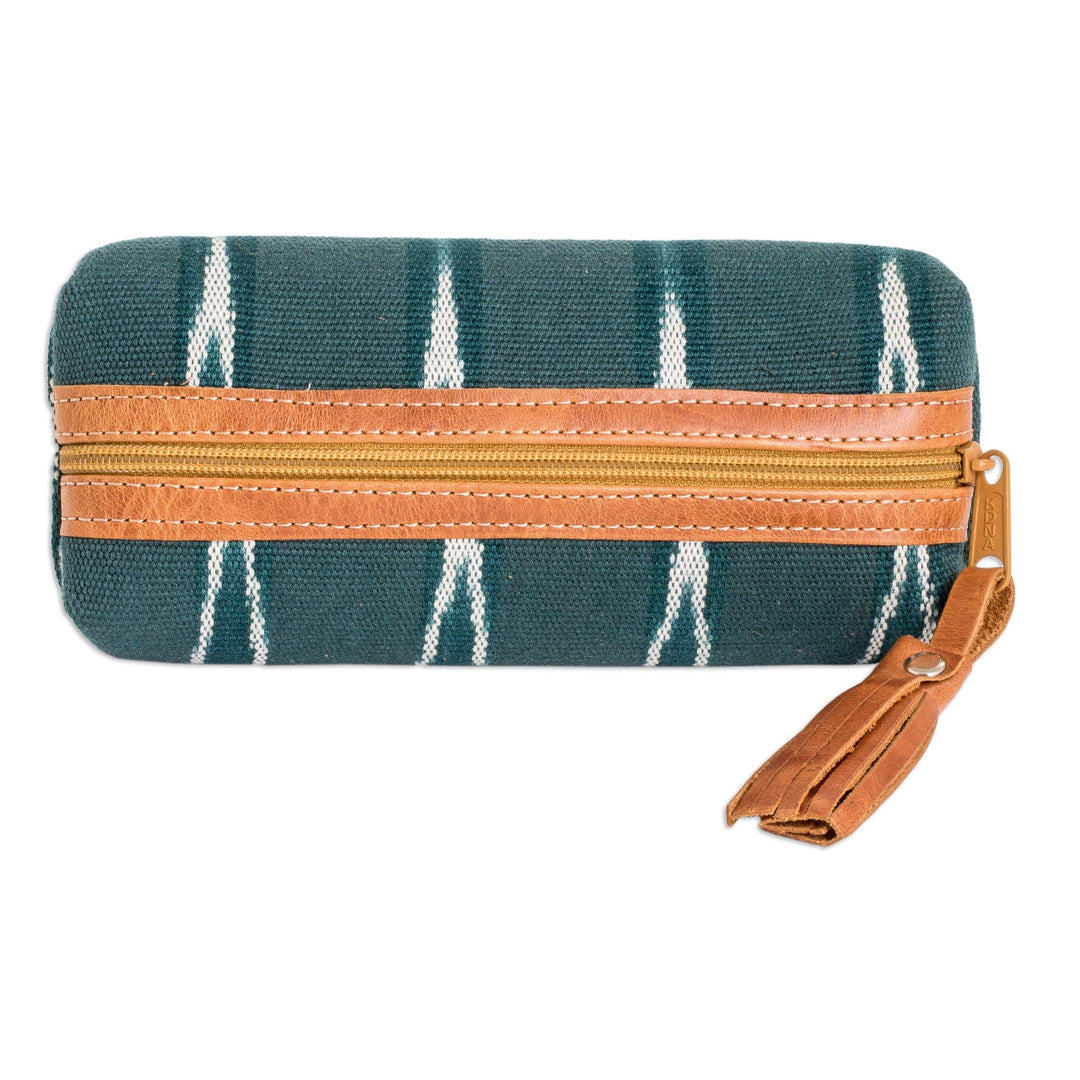 Leather-Accented Patterned Dark Teal Cotton Pencil Case - River Experience