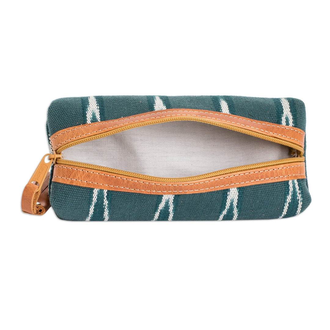 Leather-Accented Patterned Dark Teal Cotton Pencil Case - River Experience