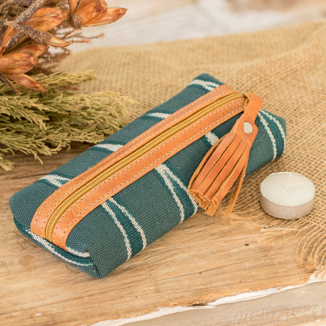 Leather-Accented Patterned Dark Teal Cotton Pencil Case - River Experience