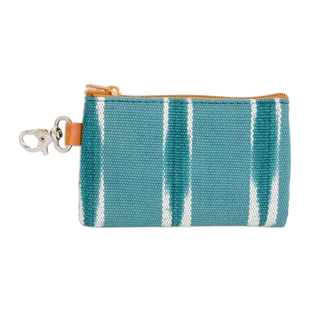Handwoven Patterned Turquoise Cotton Coin Purse with Zipper - Elegant Waters