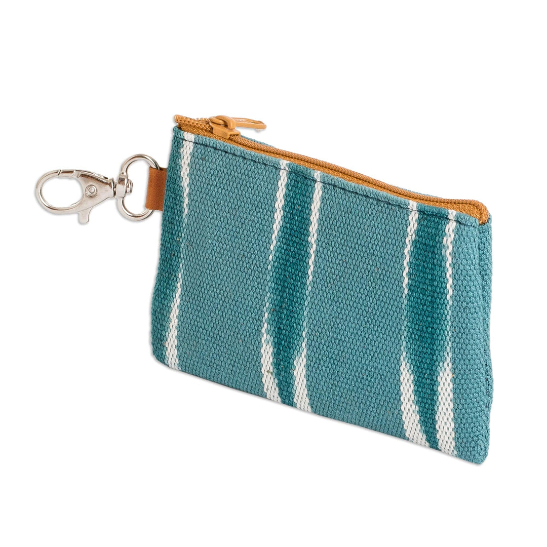 Handwoven Patterned Turquoise Cotton Coin Purse with Zipper - Elegant Waters
